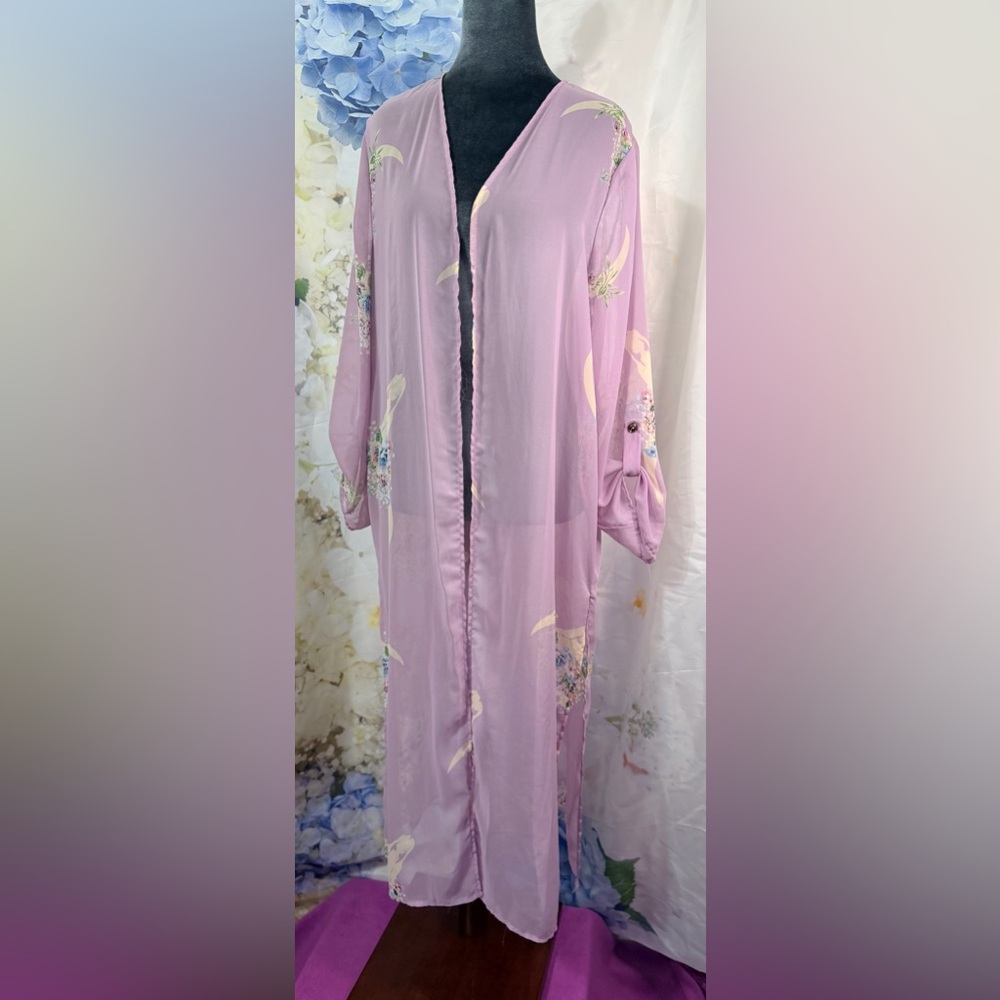 Lavender Floral Women's Kimono Robe Sheer Soft Southwestern cattle skull Floral